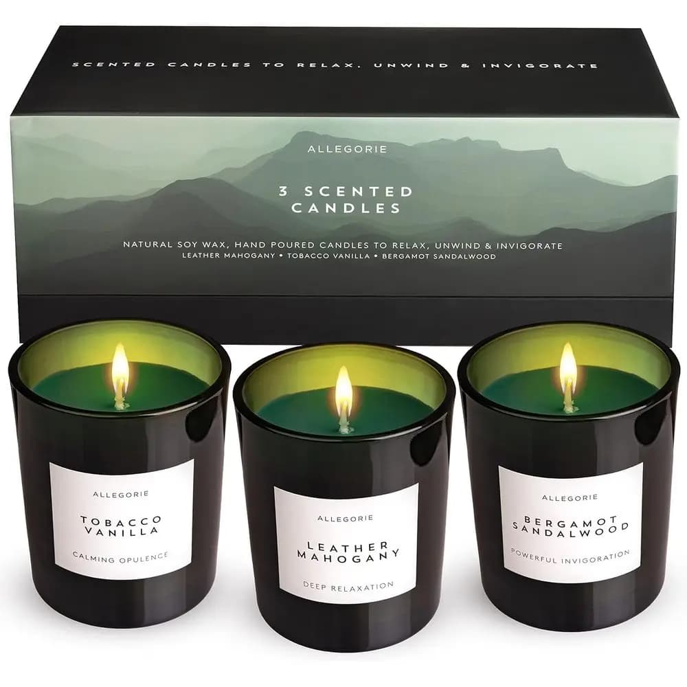 Set di tre candele profumate per uomo | Profumi maschili o Bergamotto e Sandalo. Pelle e Maany, Tabacco e Vaniglia | 3 x Naturale