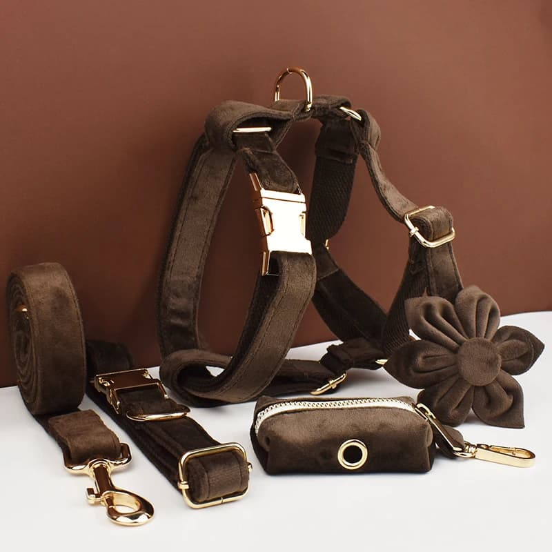 Set di collare e guinzaglio per cani in velluto marrone scuro, con targhetta incisa personalizzata, articoli per animali domestici, guinzaglio per cani in velluto11