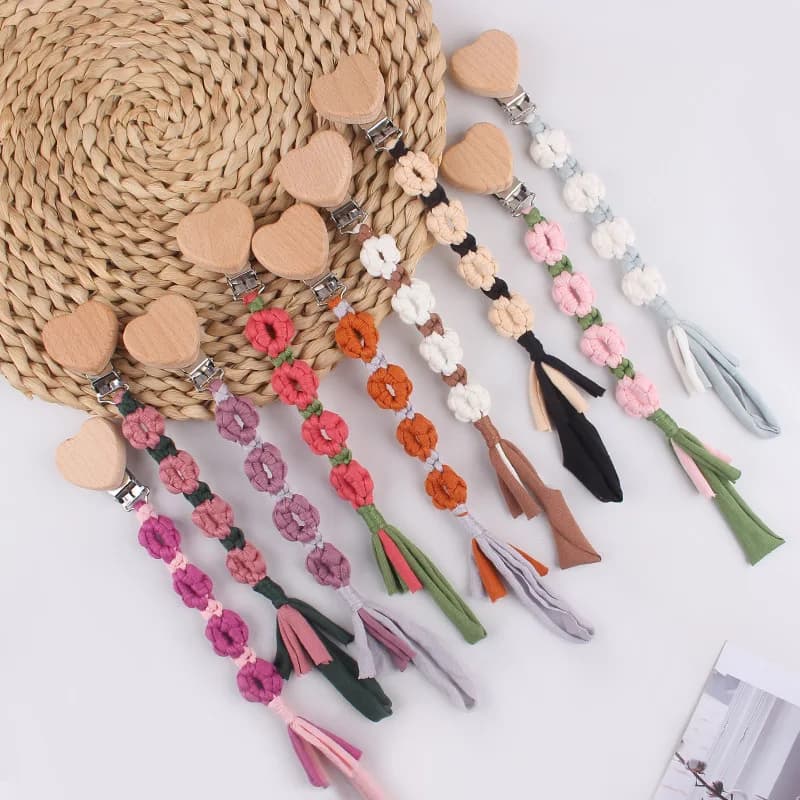 ABCPICK Clip per ciuccio in legno per bambini Corda di cotone intrecciata a mano Nappa Catena per capezzoli Anti-goccia Massaggiagengive Catena per ciuccio infantile Bpa gratuito