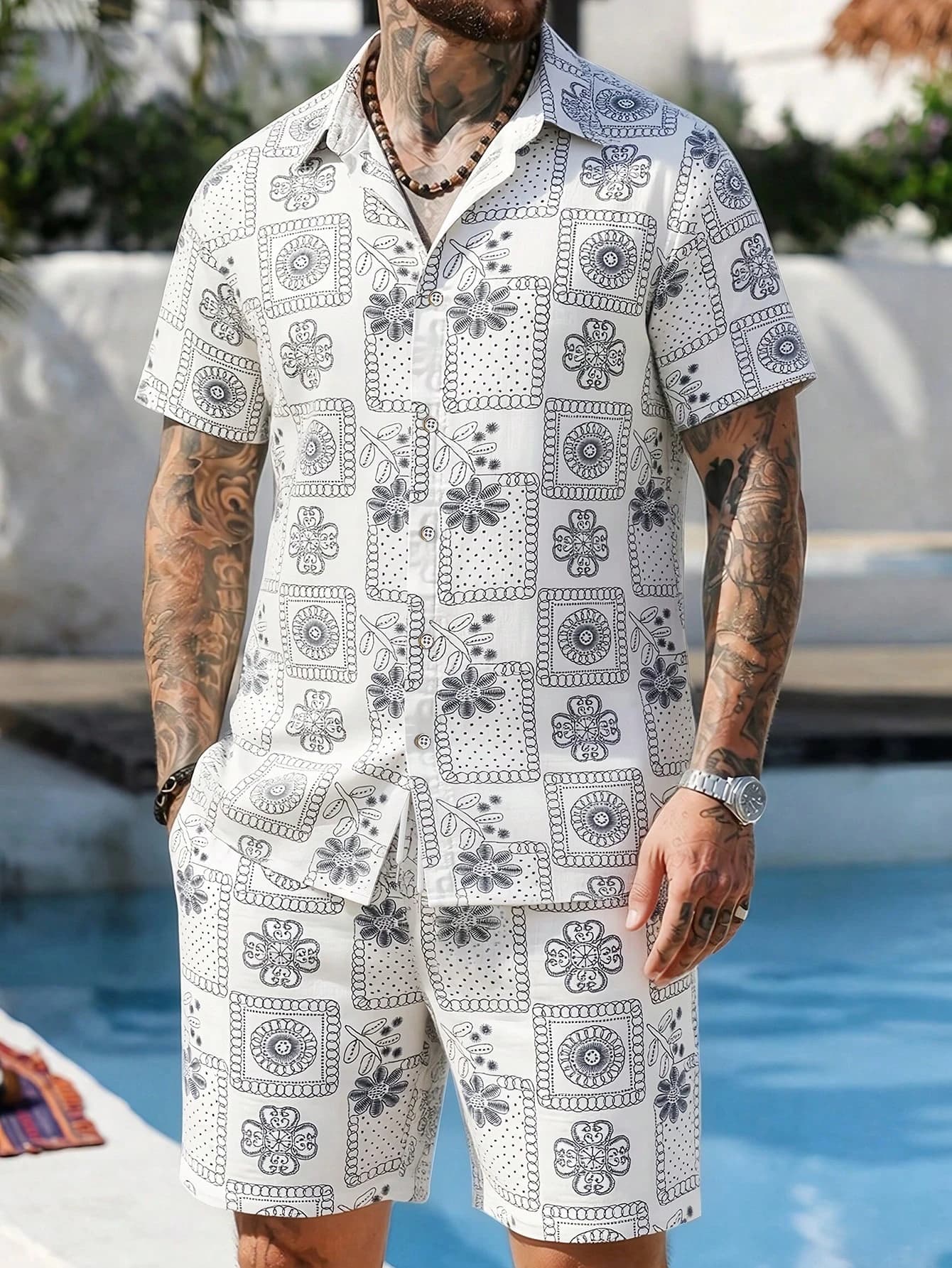 Men's Hawaiian Shirt Set 3D-Printed Floral Pattern Summer Fashion Casual Everyday Loose-Fit Shirt and Shorts Two-Piece Set