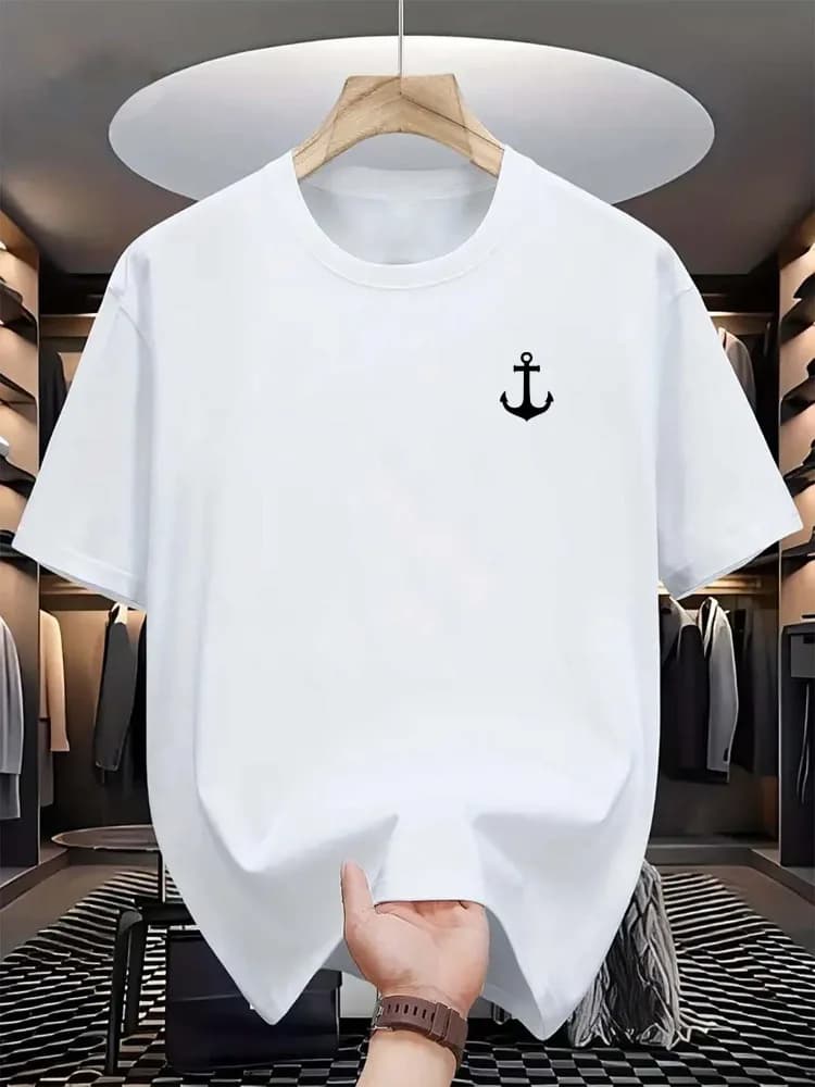 T-shirt da uomo estiva 100% cotone alla moda, casual, classica, con stampa a fantasia ancora di nave, girocollo, a maniche corte, sportiva
