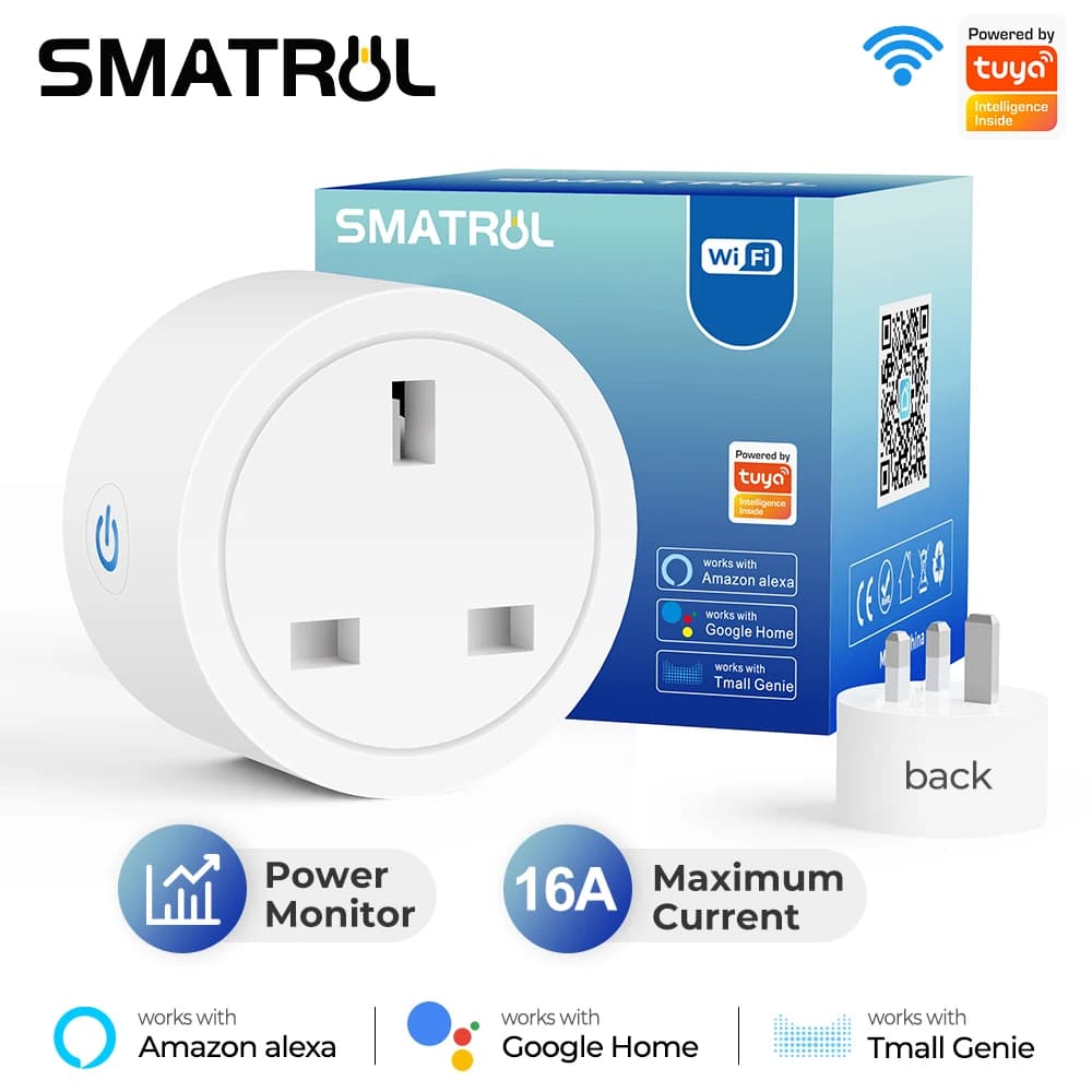 SMATRUL Tuya WiFi Smart Plug Socket UK 16A Wireless Remote Control Adapter Power Energy Monitor Timer for Alexa Google Home