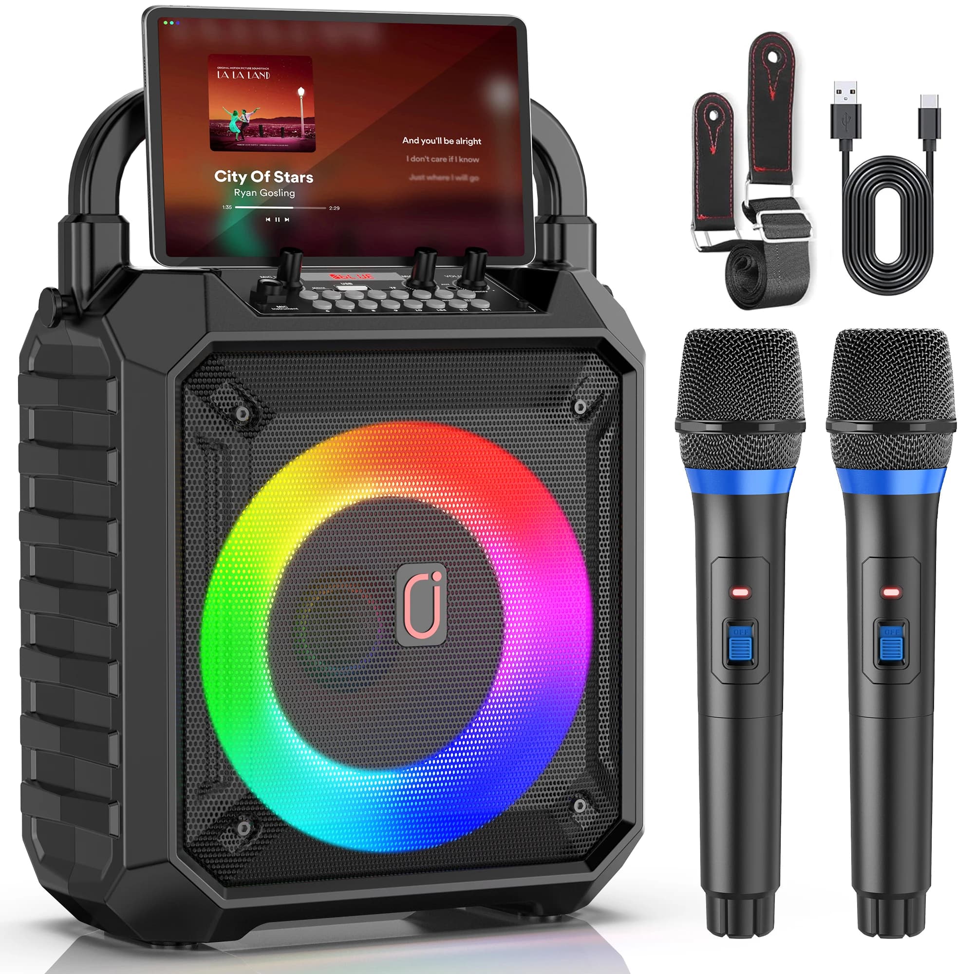 Macchina per Karaoke con 2 Microfoni, Altoparlante Bluetooth Portatile T17-T con Luci DJ per Feste e Attività all'Aperto