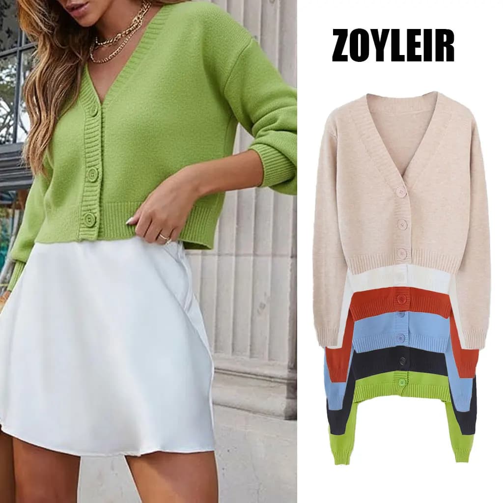 Cardigan corto lavorato a maglia Donna Maglione corto coreano Manica lunga Crop Top Scollo a V Moda Y2k Abbigliamento Verde Blu