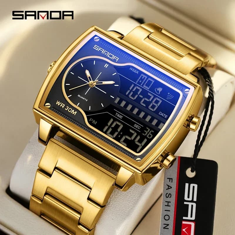 SANDA Top Luxury Men's Quartz Watch Fashion Square Watches Countdown Sports Waterproof Dual Display LED Men's Digital Wristwatch