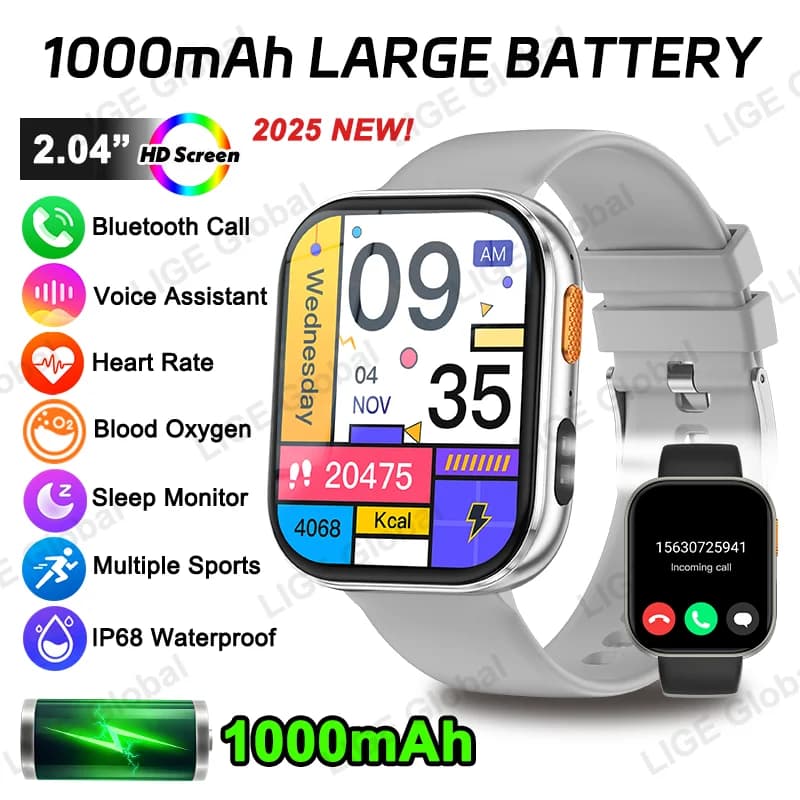 LIGE 2025 Batteria da 1000 mAh Uomo Donna Smart Watch 2.04 "HD Grande schermo Torcia Elettrica Frequenza cardiaca Chiamata Bluetooth Smartwatch 100+ Sport