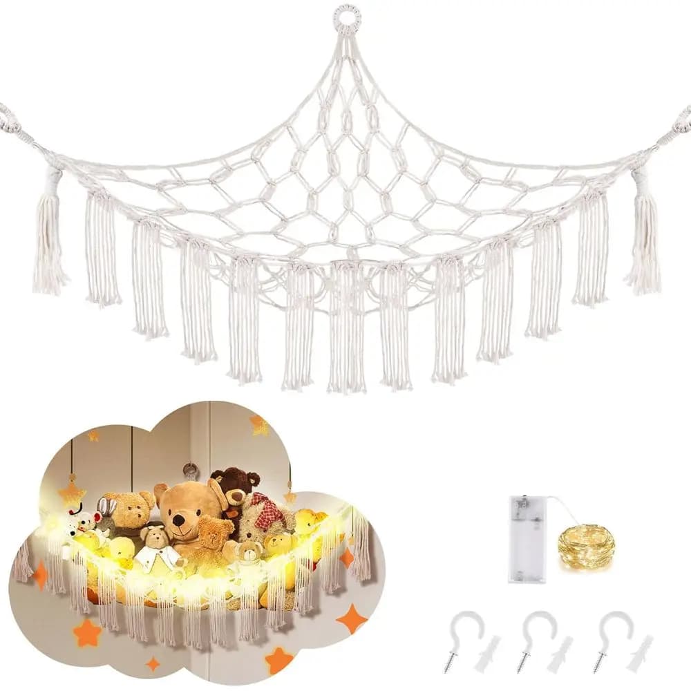 Amaca per animali di peluche con luce a LED, grande rete per riporre animali di peluche ad angolo per l'arredamento della camera dei bambini, bianca