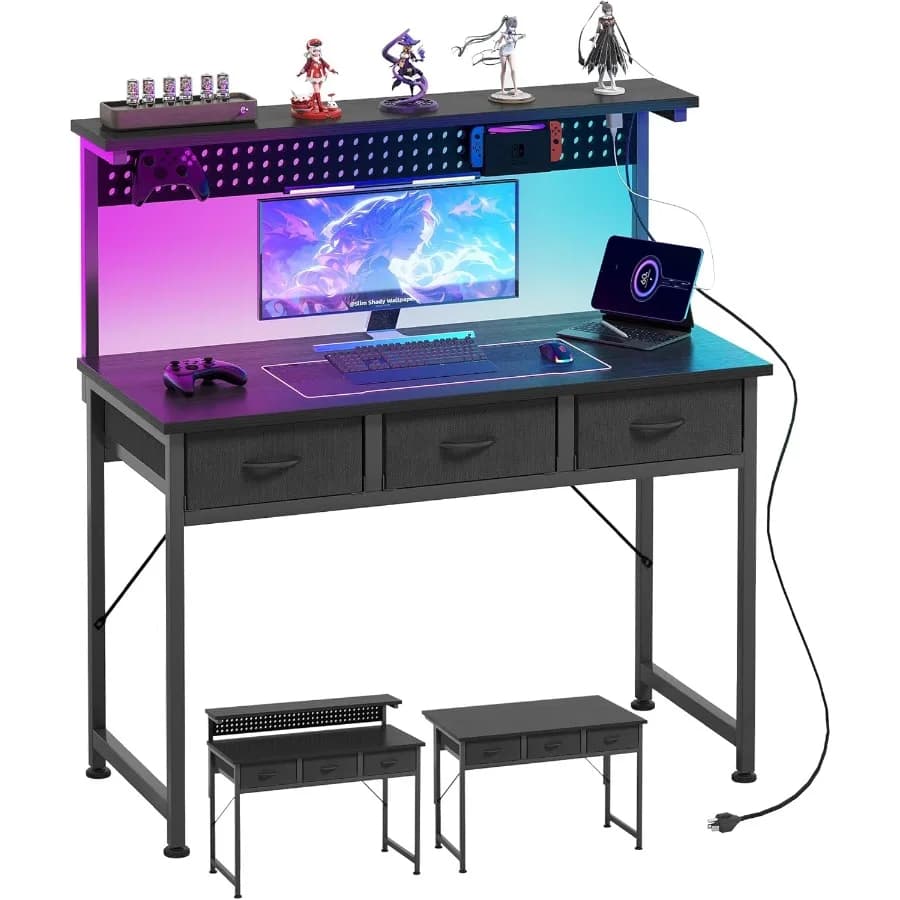 Computer desk with drawers 40 inch computer desk with current socket LED light with perforated panel with adjustable monitor support
