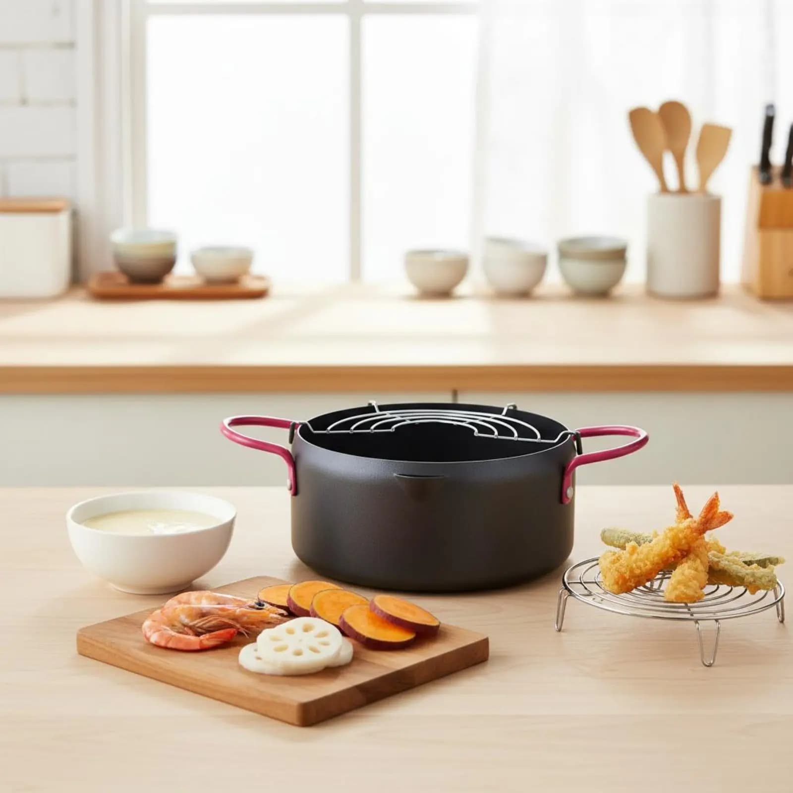 Pentola Giapponese per Frittura Impanata Compatibile con Gas e Induzione, Utensile da Cucina con Manici Anti-scottatura