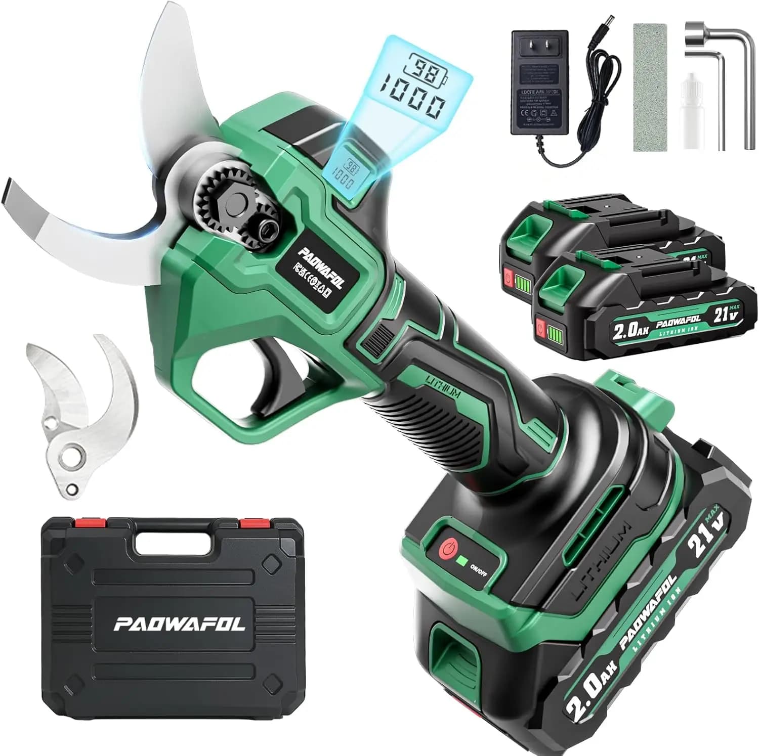 Forbici Elettriche Senza Fili da 2,5 Pollici con Motore Brushless, Doppia Batteria, Lama SK7 e Display LCD per Giardino e Frutteto
