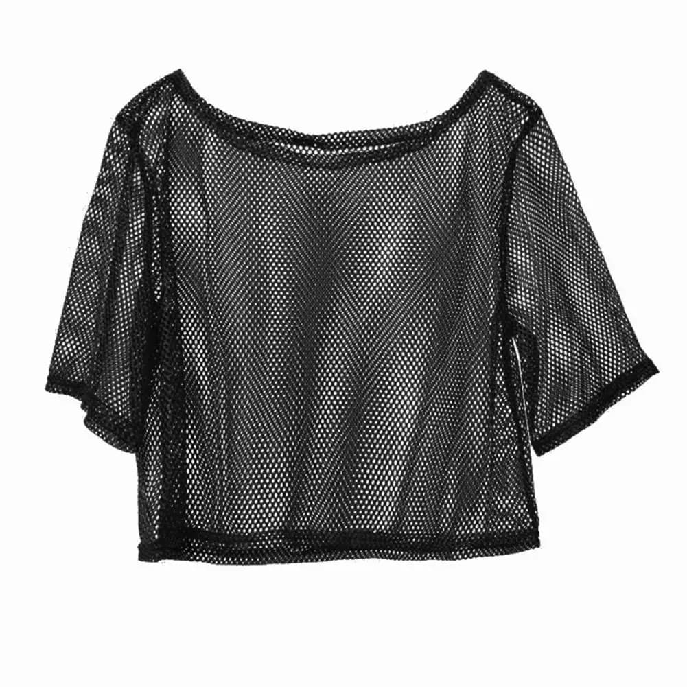 T-shirt da donna con canotta a rete Top corto casual Top in rete trasparente Camicia da yoga in rete da donna Top da ballo per feste con copertura in rete sexy