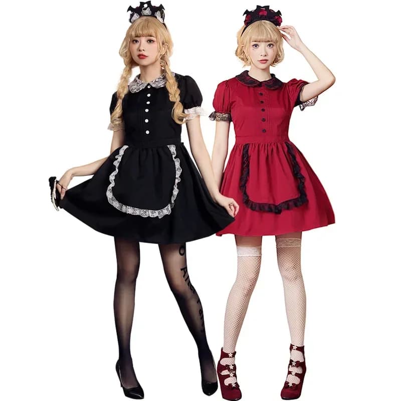 Spice Girls Abito da principessa sottile in pizzo rosso e nero Abito cosplay da cameriera del castello malvagio per donna Abito carino Lolita con copricapo a pipistrello