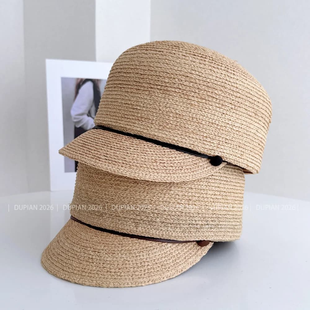 Japanese Straw Jockey Cap for Women, Summer Sun Protection Straw Hat, Simple Drawstring Visor Baseball Cap