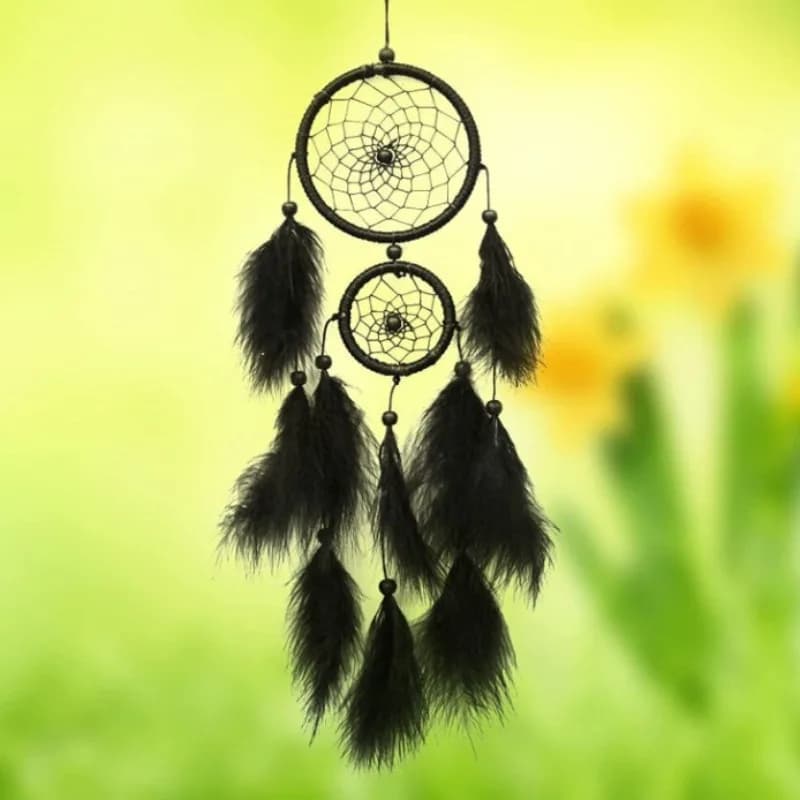 Creative Dream Catcher Wind Chimes Black Upper and Lower Double Ring Feather Pendant Handmade Wind Chimes