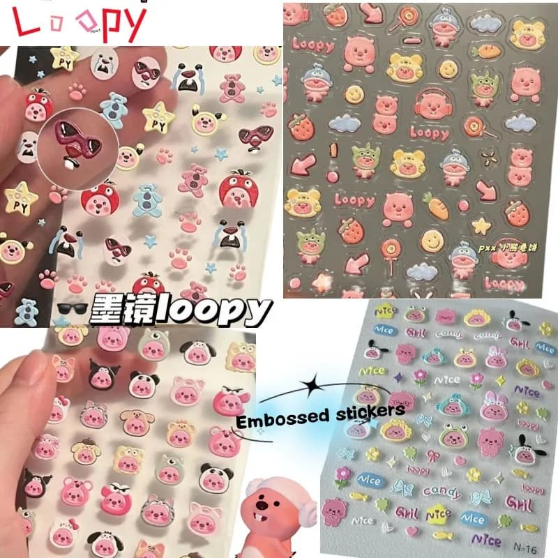 Loopy 3D embossed sticker, transparent DIY sticker, cute beaver, fashionable mini waterproof nail art decoration accessory gift
