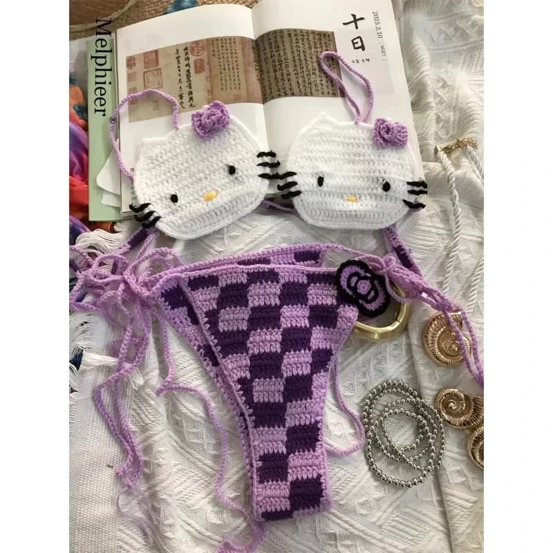 Set Bikini all'Uncinetto Hello Kitty di Sanrio, Costume da Bagno Sexy per Ragazze, Micro Bikini con Lacci, Abbigliamento da Spiaggia per Donne