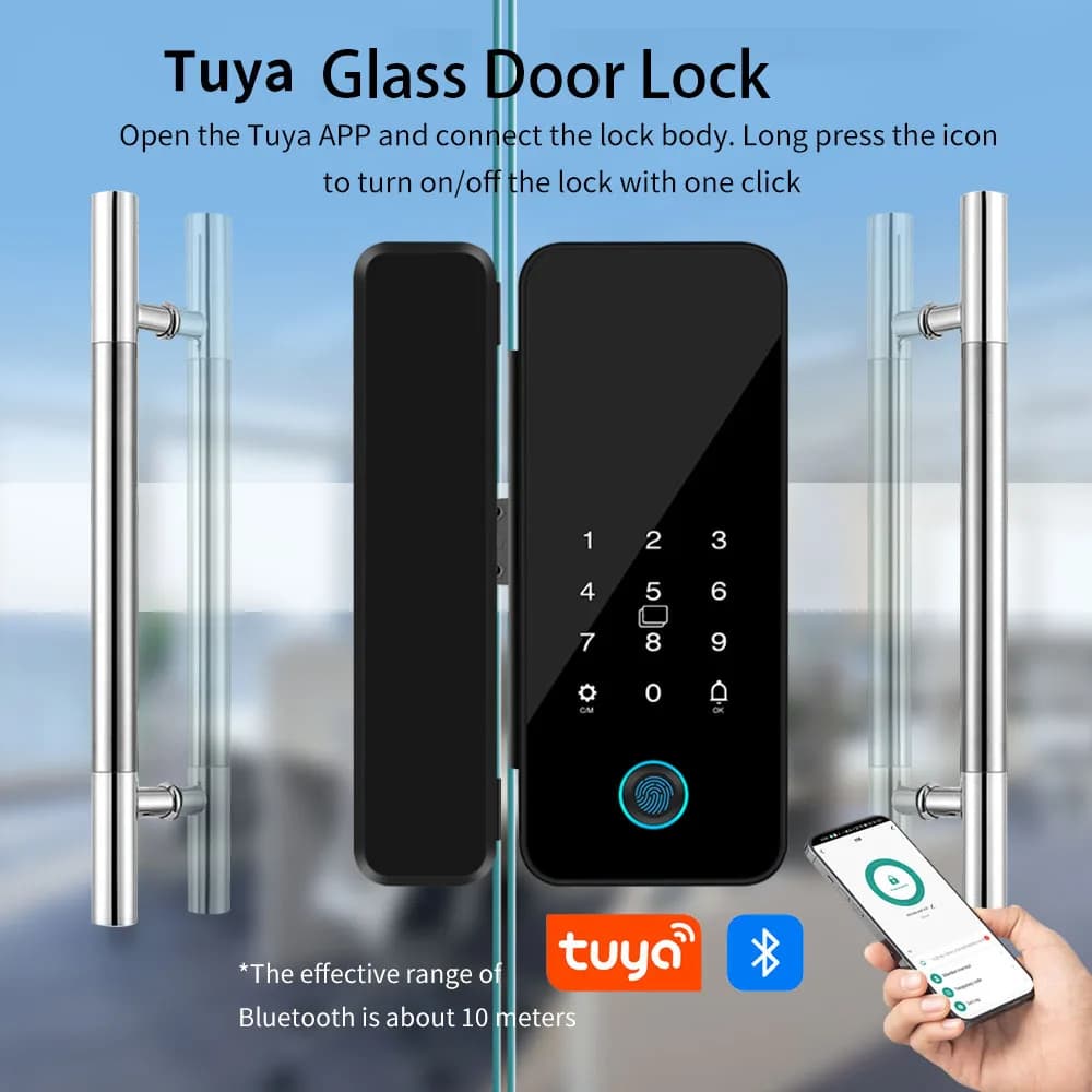 Serratura per Porta in Vetro B16 Tuya APP Bluetooth, Serratura Digitale Biometrica con Impronta Digitale, Senza Foratura, Supporta lo Sblocco tramite App Senza Necessità di Perforazione