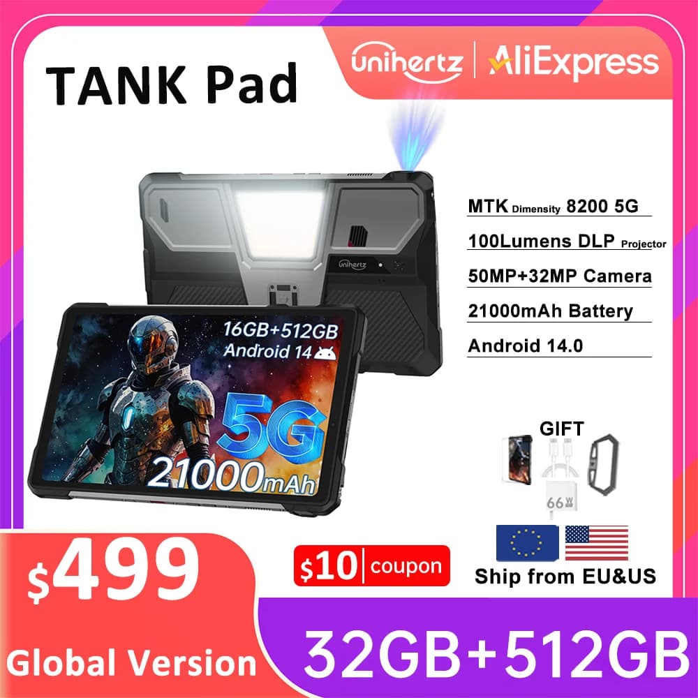 Unihertz Tank PAD da 8849 Robusto Proiettore Tablet 21000mAh 10.95" FHD Dimensity 8200 32GB + 512GB Doppio Altoparlante Tablet Telefono Wifi