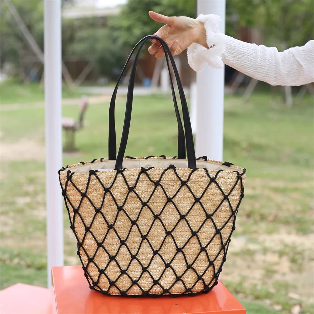 Nuova rete da pesca estiva europea e americana borsa in paglia intrecciata borsa tote per pendolarismo per il tempo libero alla moda per le donne alla moda