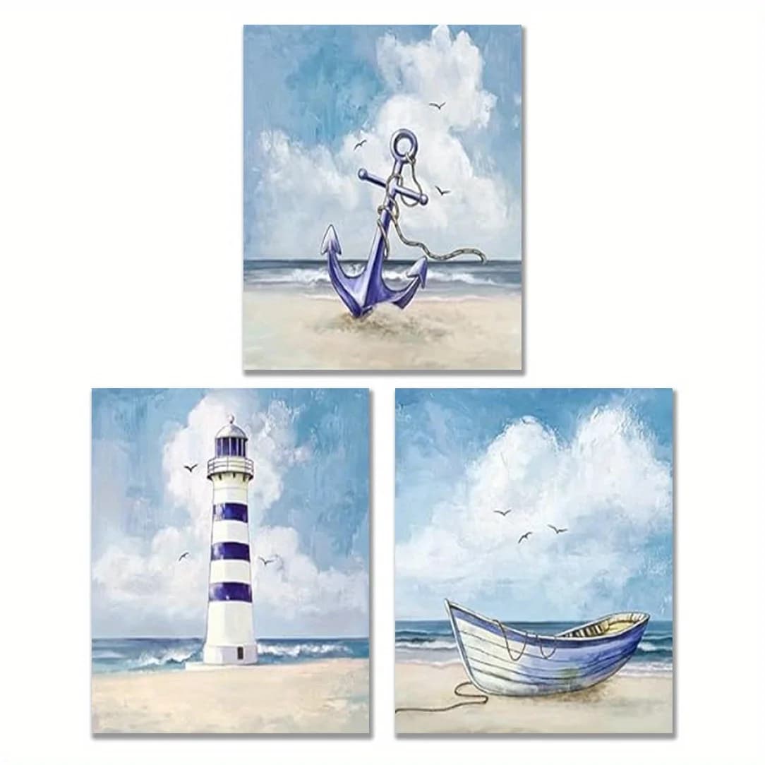 （NOframe 3PCS）-2D Flat, 2D Flat, [2D Flat] 3pcs Frameless Anchor Lighthouse, Boat, Canvas Wall Art, Ocean, Beach, Theme, Bath