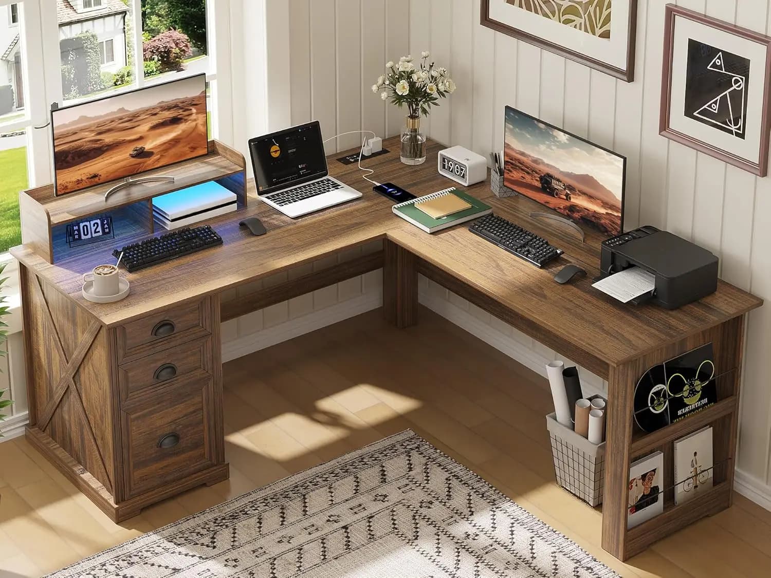 L-directional desk with monitor support, 59-inch corner desk in rustic style with power sockets and LED lights, customizable
