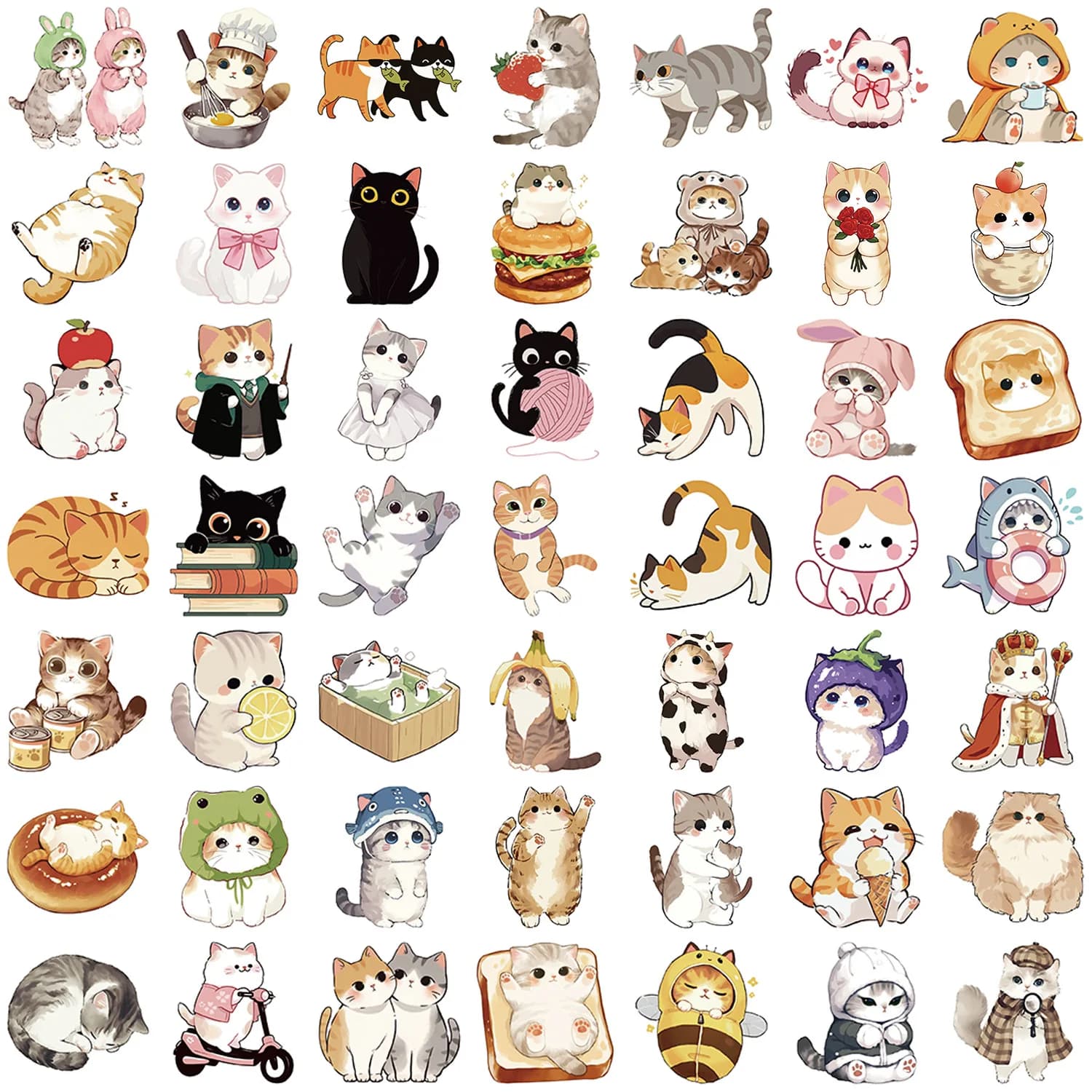 50PCS Kawaii Cat Stickers Hand Painted Style Cartoon Decals Cute Animal Meme Decoration DIY Luggage Laptop Guitar Bike Kids Toys