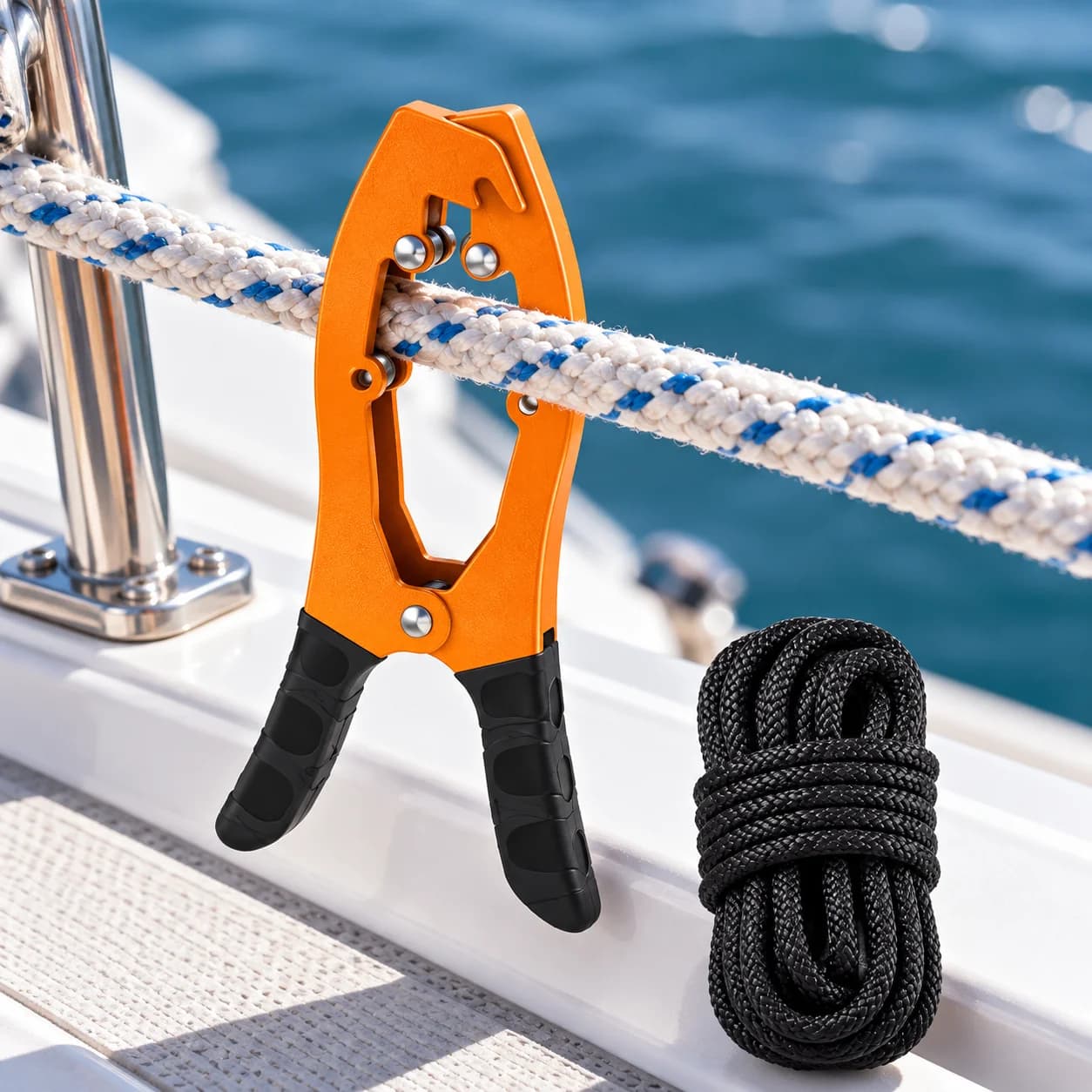 Self-Locking Kayak Anchor Clamp with Rope Tension Jaws for Reliable Line Control on Fishing Canoes Boats and Marine Watercraft
