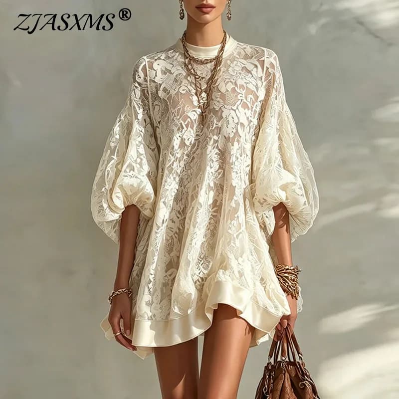 Women Floral Lace Solid Mini Dress O Neck Puff Lantern Sleeve Loose Flowy Sheer Dress Casual Boho Beach Holiday Ruffle Hem Dress