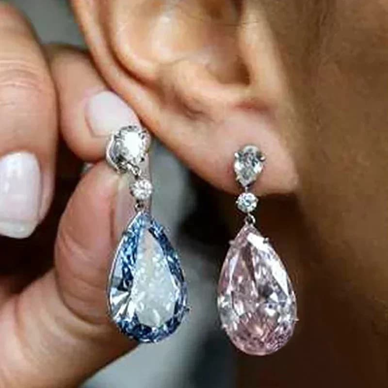 Nuovi Splendidi Orecchini Pendenti Blu/Rosa con Zirconia Cubica a Forma di Pera per Donne, Accessori Semplici ed Eleganti, Gioielli alla Moda per Feste