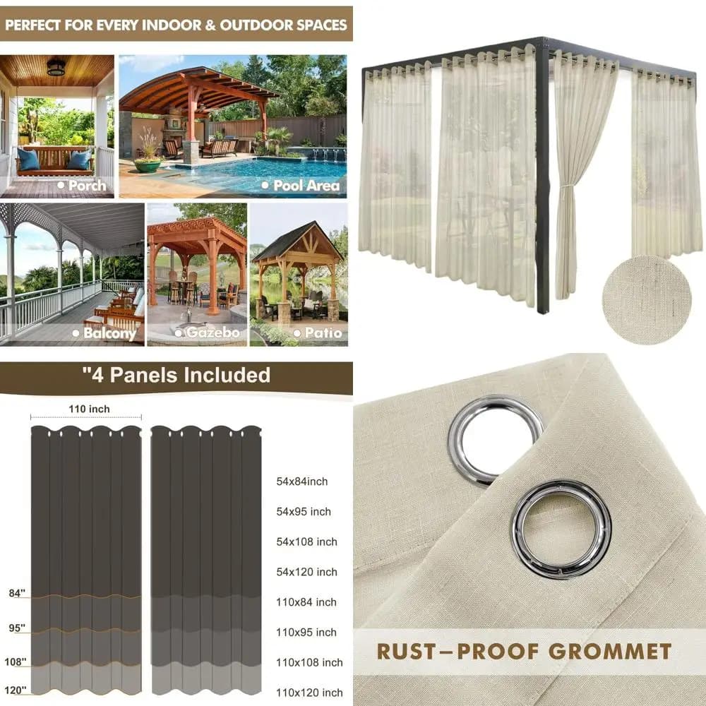 120 waterproof linen transparent curtains for outdoor patio, 110x120, light filtering