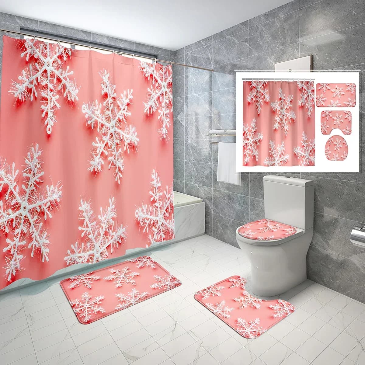 Set di tende da doccia con fiocco di neve da 4 pezzi con coperchio del WC e tappetino da bagno Set di decorazioni per il bagno impermeabili con fiocco di neve bianco per ragazze rosa