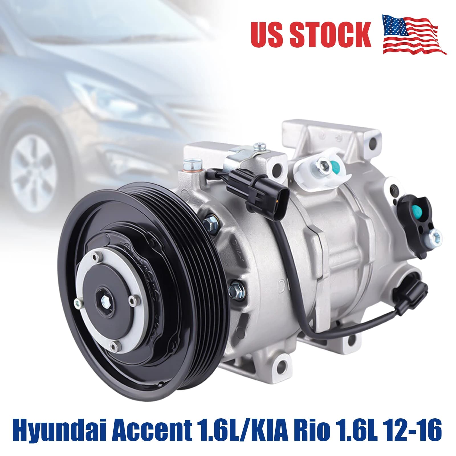 AC Compressor with Clutch for 2012-2016 Hyundai Accent 1.6L ATC / 2012-2015 KIA Rio 1.6L, DVE12 6-Groove Pulley OEM#977011R100 12V Air Conditioning Compressor Direct Replacement