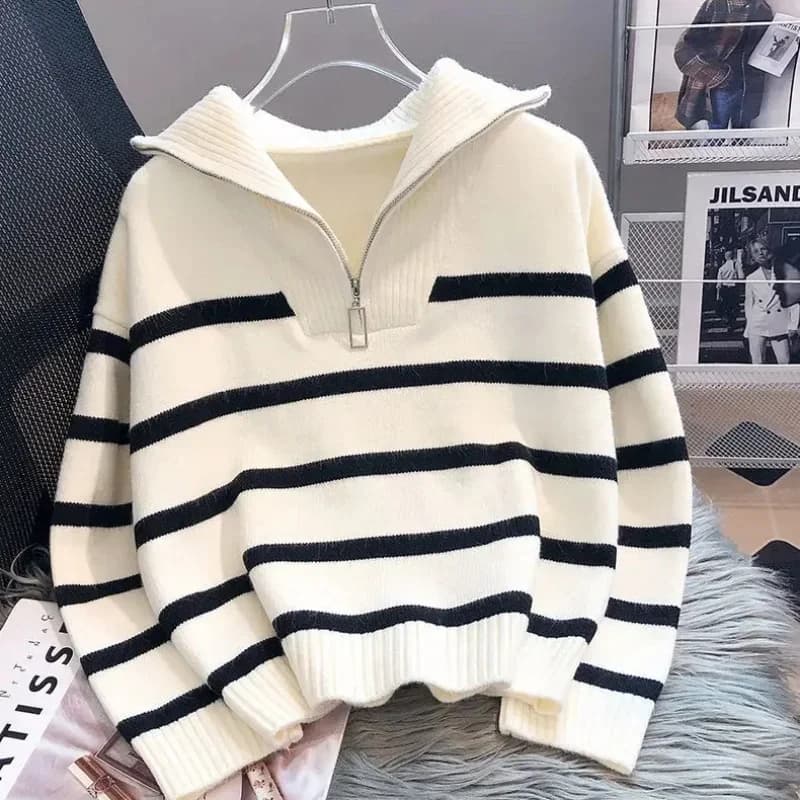Maglione pullover donna Intimo primaverile e autunnale Nuova chiusura a righe con cerniera stile corto popolare maglione premium femminile