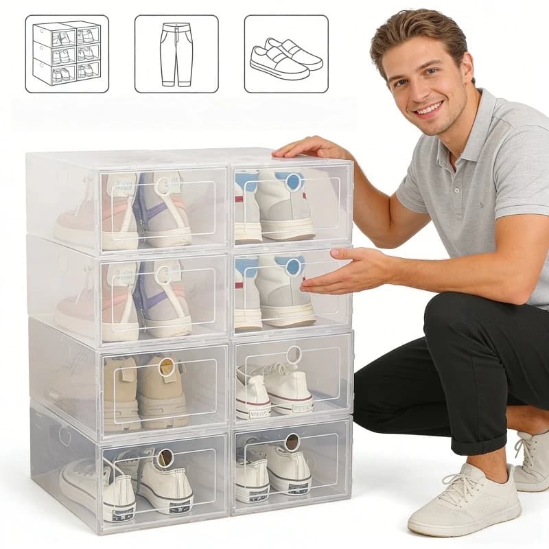 Set di 6 contenitori porta scarpe, pieghevoli e impilabili, ideali per organizzare il soggiorno o la camera da letto