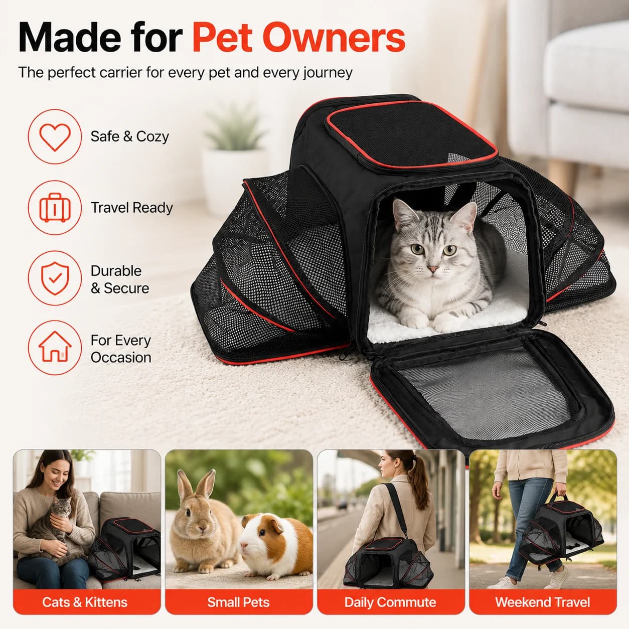Borsa da Trasporto Portatile per Gatti con Lati in Rete Espandibili, Borsa Morbida per il Trasporto di Animali Domestici per Visite al Veterinario e Viaggi su Strada