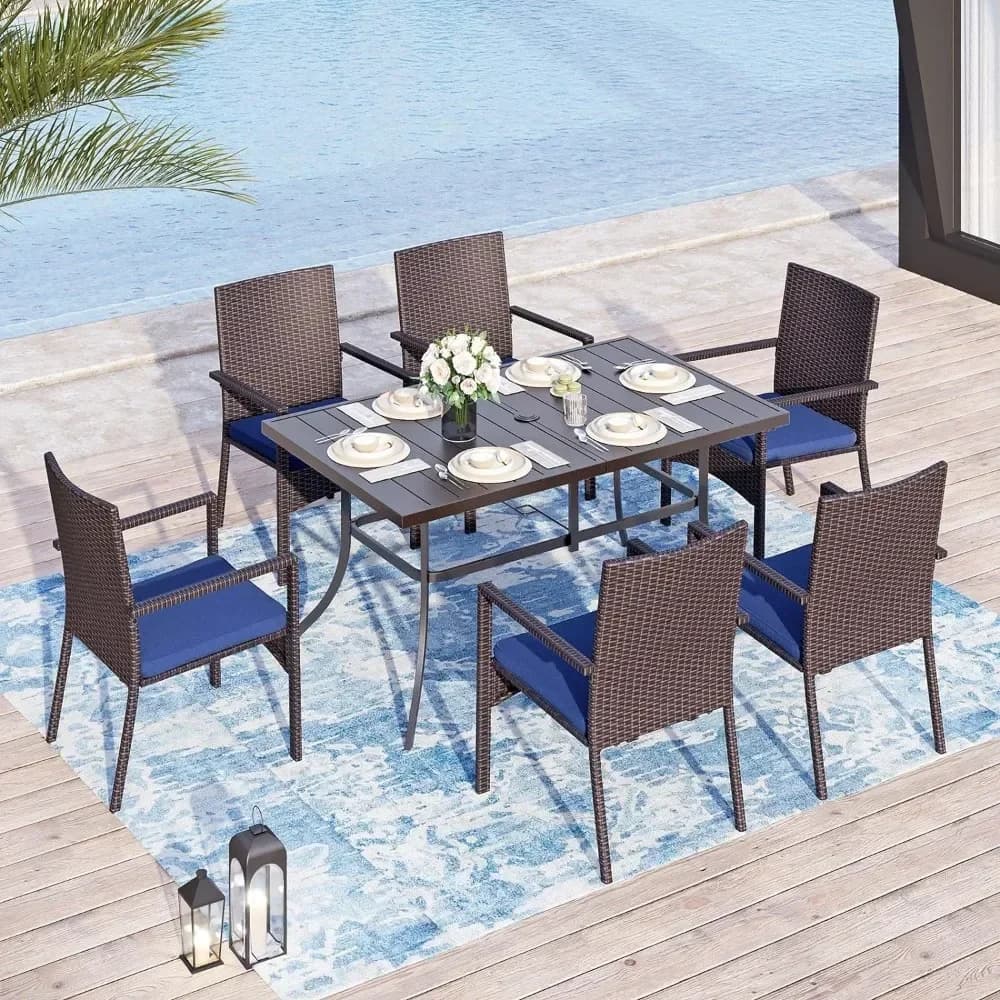 9-piece garden dining set for 6-8 people, metal expandable outdoor table and PE rattan chairs set with pillows, garden dining set