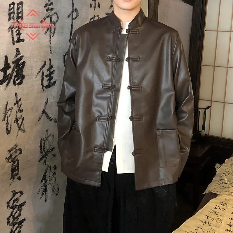 Men's Traditional Clothing PU Leather Jacket Man Casual Clothing With Button New Costume Hanfu Tang Trendy Streetwear