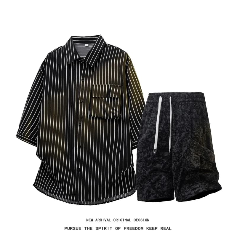 【Camicia + Pantaloncini】Set camicia da uomo, moda estiva, camicia a righe in seta ghiacciata, pantaloni a 5 punti tie-dye, outfit casual da giorno in 2 pezzi