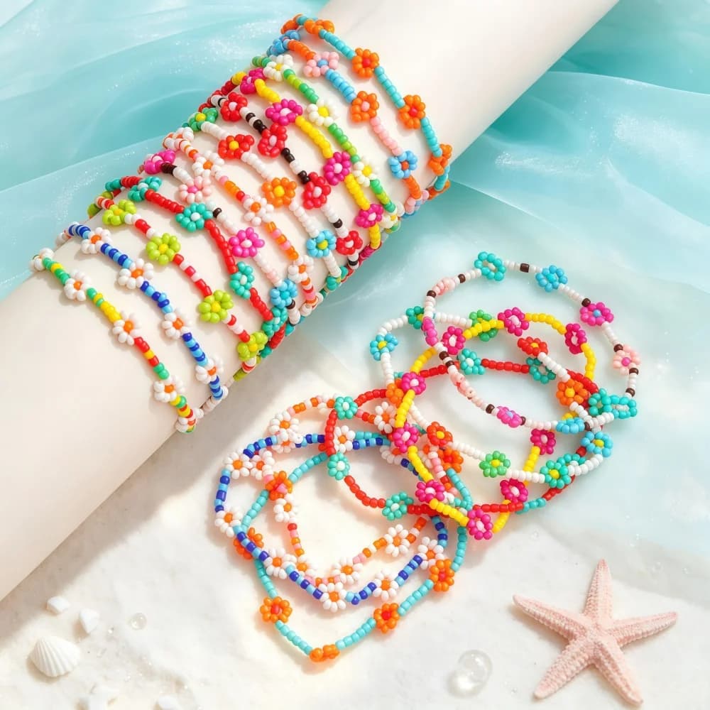 12Pcs/Lot Charm Sweet Cute Colorful Elastic Seed Bead Bracelets For Women Daisy Flower Mix Styles Party Gifts For Friend Holiday