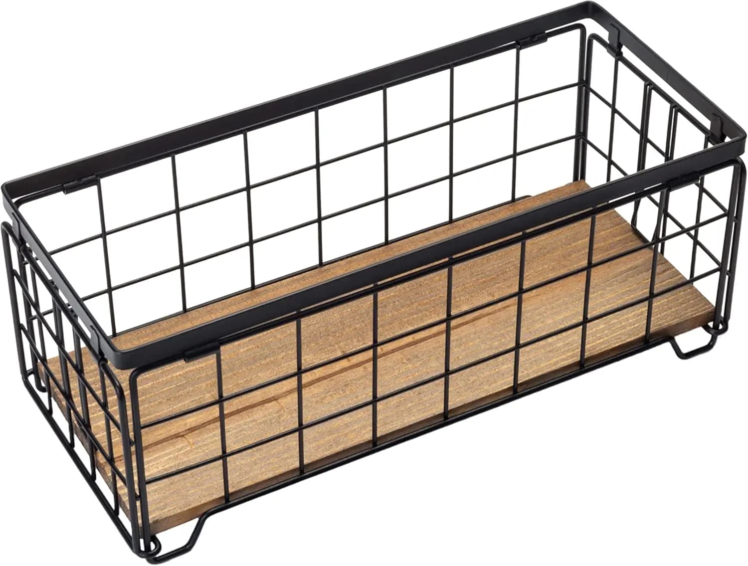 Metal Wire Storage Basket with Wood Base, Toilet Paper Holder for Bathroom Kitchen Countertop, Black