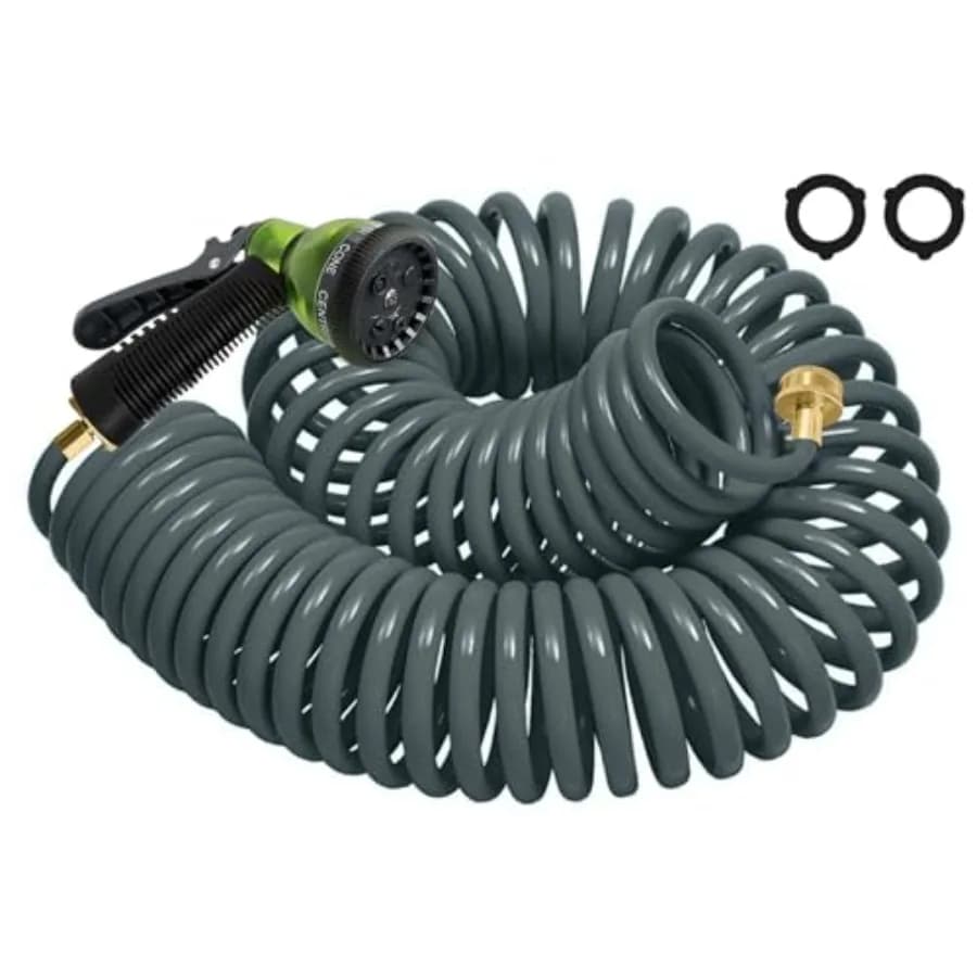 Coil Hose 50FT EVA Coil Garden Hose With 3/4'' Brass Connector Coiled Water Hose Lightweight And No Kink Includes 7 Patterns Sp