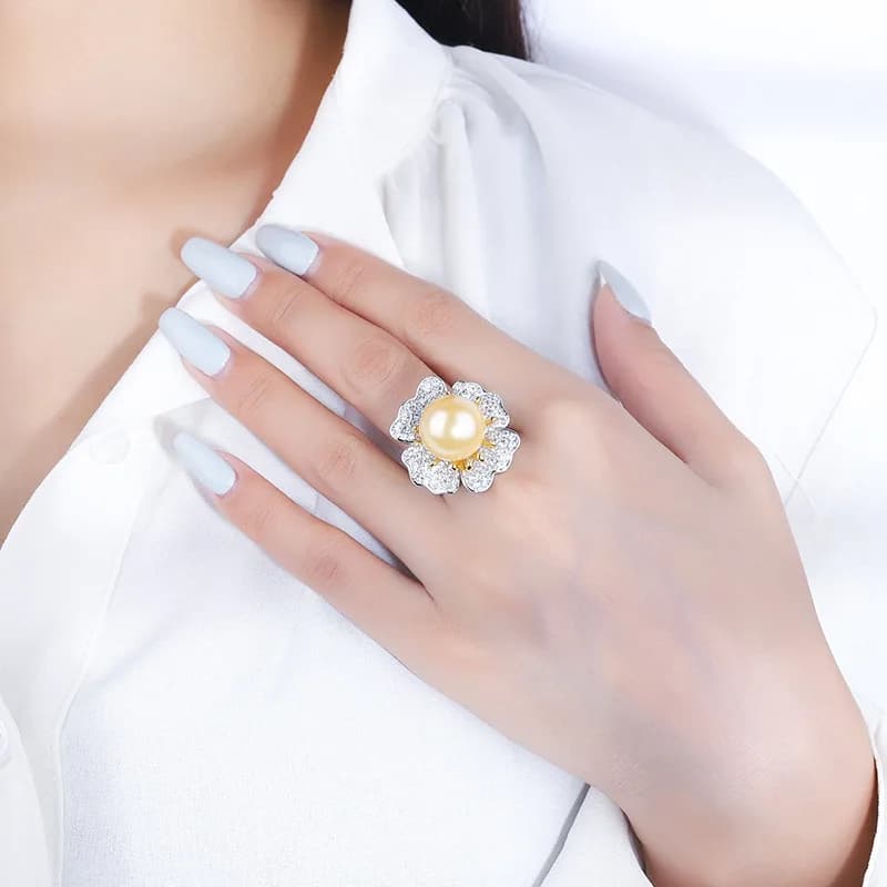 Gold Plated Copper Ring with White Pearl Shaped Flower and Diamonds, 14mm