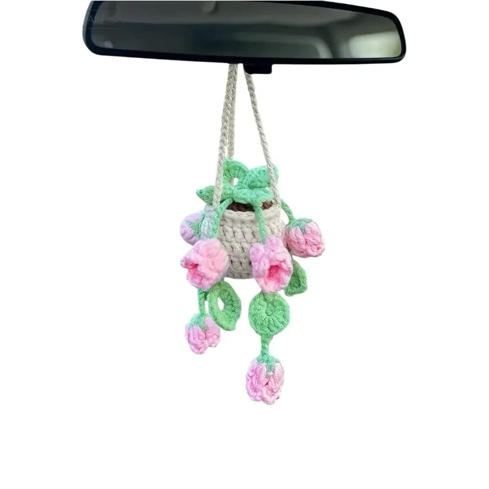 Ornamento all'uncinetto fatto a mano da appendere allo specchietto retrovisore dell'auto | Graziosi Accessori per Vasi di Piante Lavorati a Maglia per Donne, Decorazione per Auto Simile a Cher
