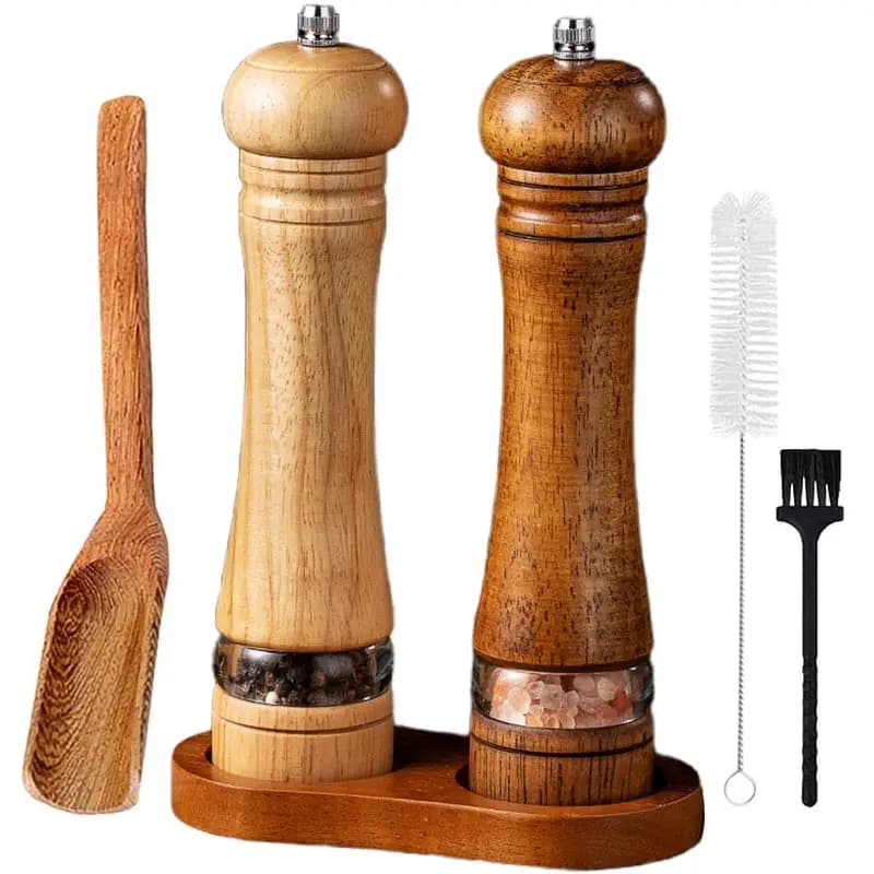 Set da 8 pollici Macinapepe manuale in legno massello con base, mulini per sale e pepe, agitatori per spezie, set di smerigliatrici in ceramica regolabili