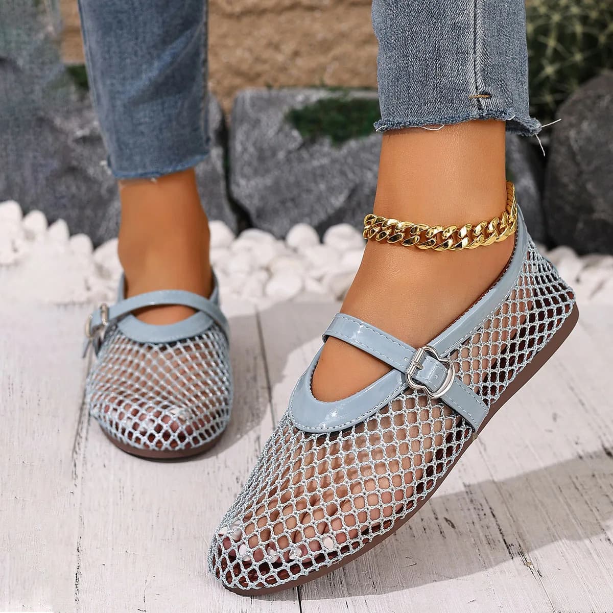 Women Mesh Ballet Flats Fishnet Ballerina Flats Comfortable Round Toe Ballet Shoes Breathable Casual Walking Shoes for Commuting