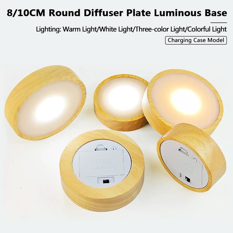 Piastra di diffusione rotonda Portalampada a LED Batteria Luce notturna in legno Sottobicchiere per barista Lampada base per lampada in cristallo per atmosfera USB
