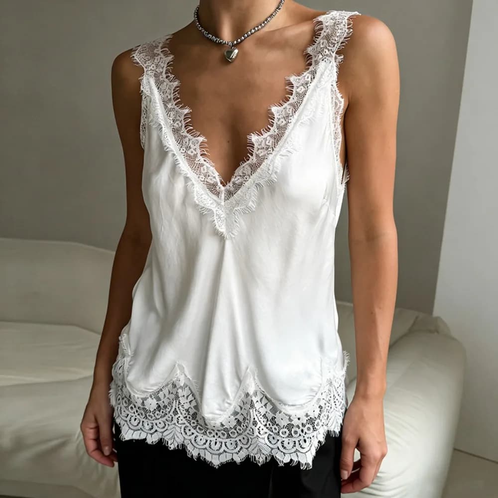 Sexy Lace Patchwork Sleeveless V-neck Top Spring and Summer Women's Elegant Solid Hollow Embroidery Design Soft Cool Casual Vest