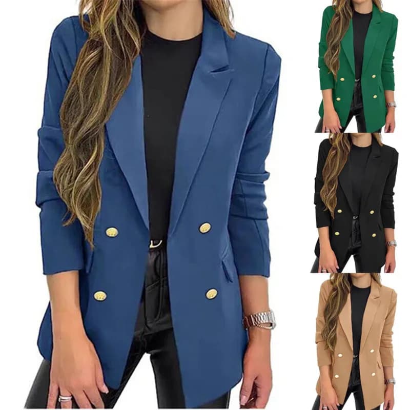 Spring Autumn Women's Fashion Casual Jacket Coat Straight Cut Polyester Long Sleeve Double Breasted Pure Color