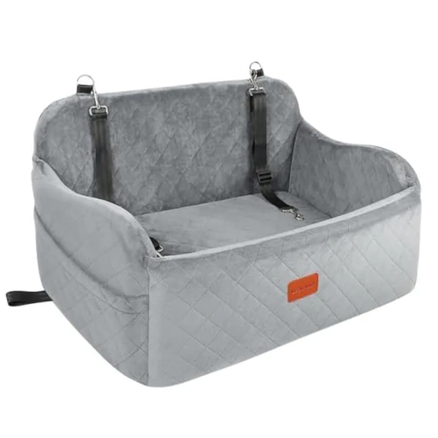 Car dog seat for medium dogs, grey large memory foam bed with adjustable leashes, non-slip bottom, safety travel support and co
