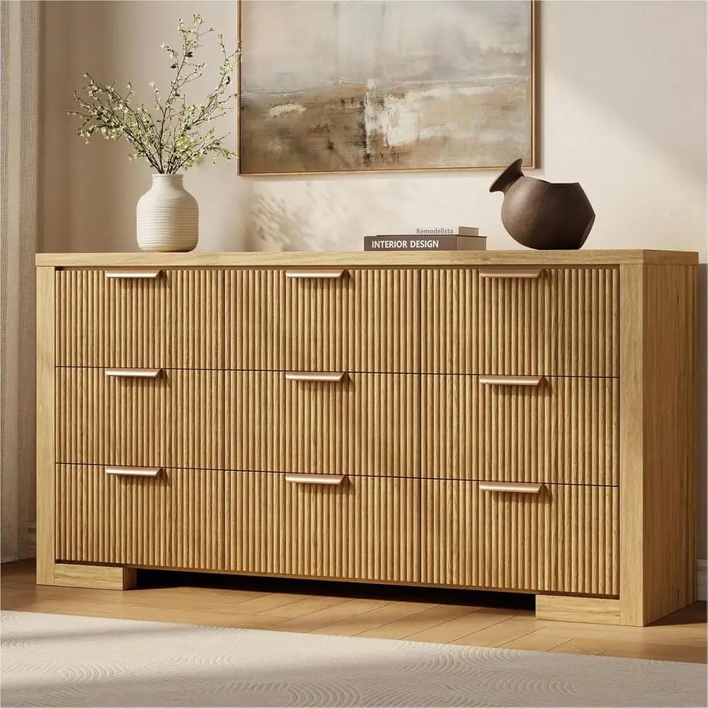57 Wide 9-Drawer Chest with Metal Handle, Natural Oak Wood Storage Organizer for Bedroom, Living Room, or Hallway